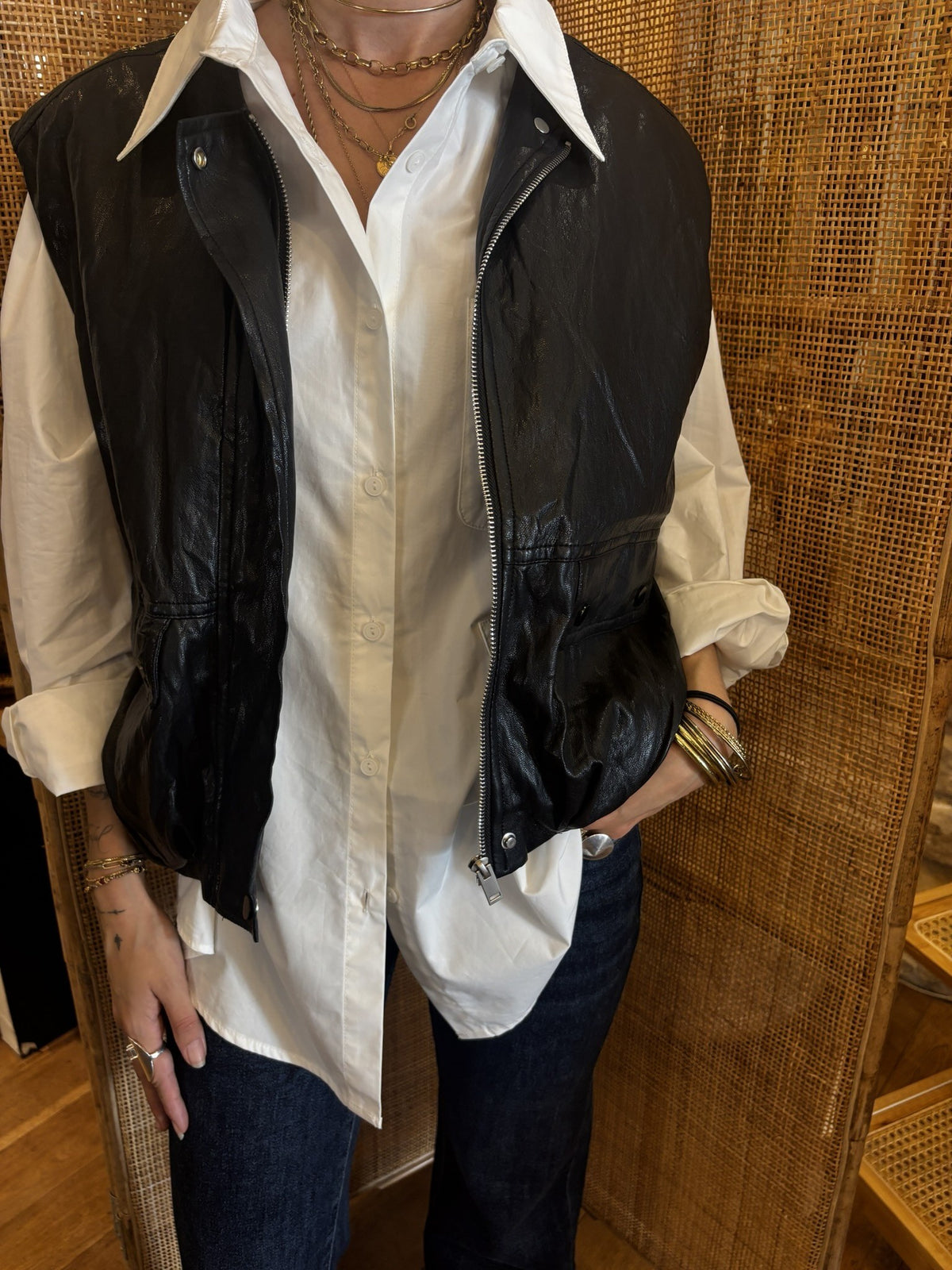Veste Saria, gilet similicuir noir